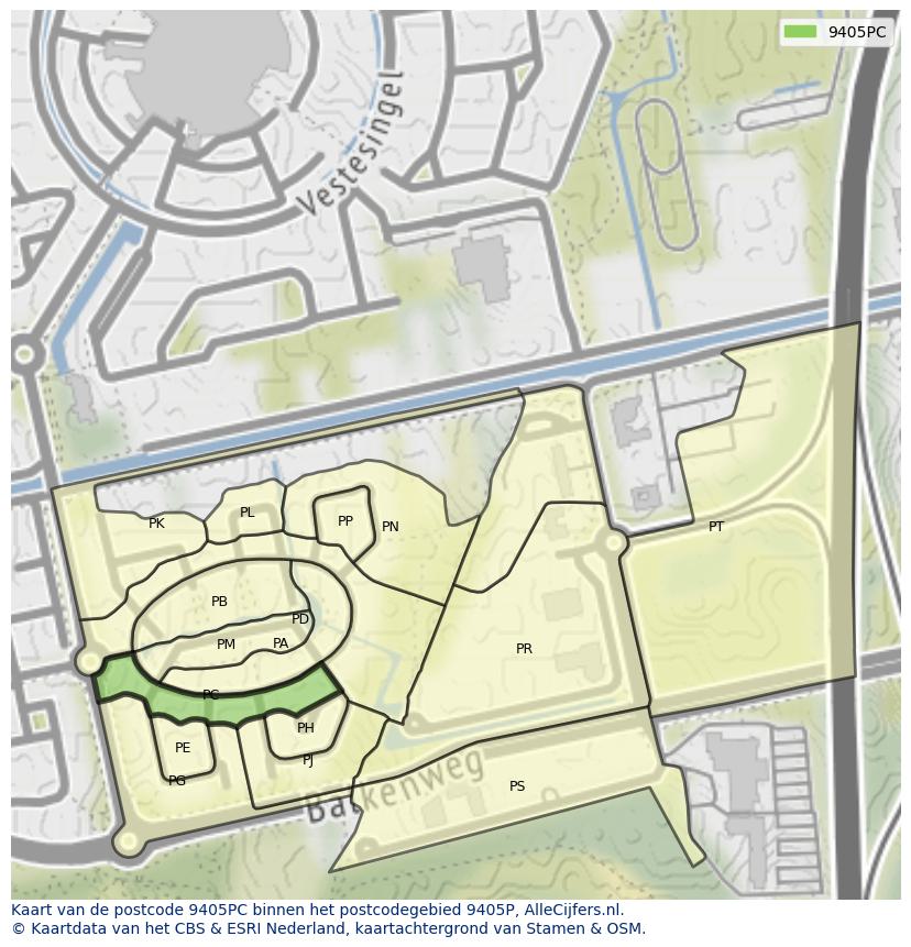 Afbeelding van het postcodegebied 9405 PC op de kaart.