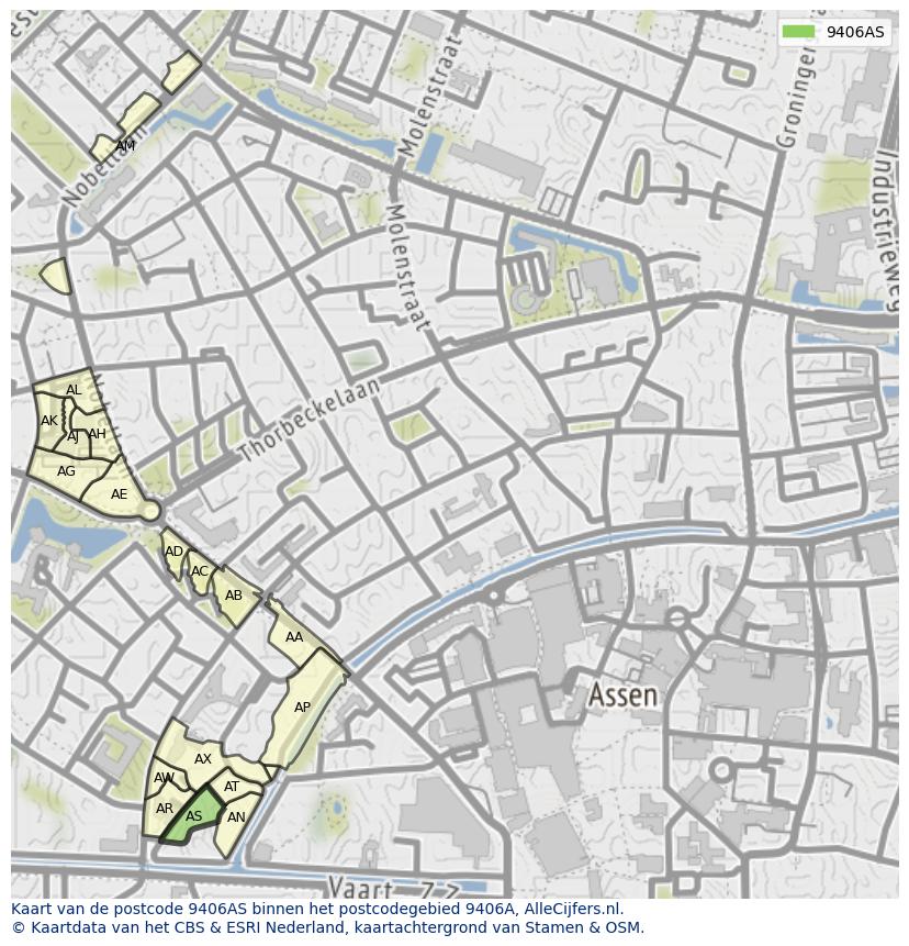 Afbeelding van het postcodegebied 9406 AS op de kaart.