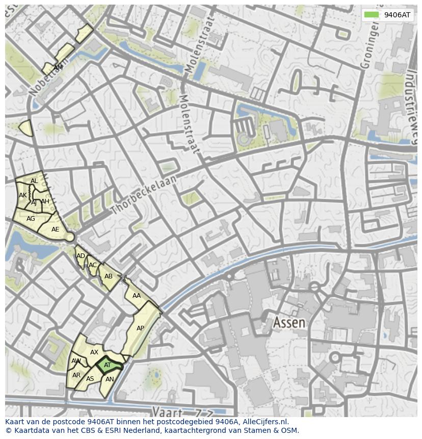 Afbeelding van het postcodegebied 9406 AT op de kaart.