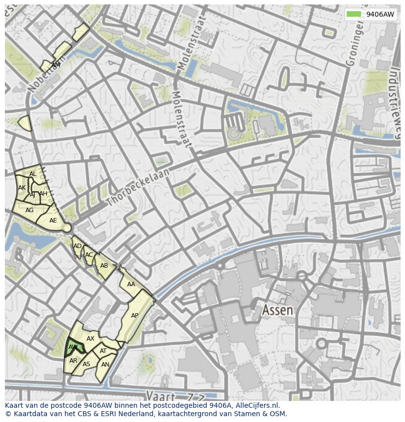 Afbeelding van het postcodegebied 9406 AW op de kaart.