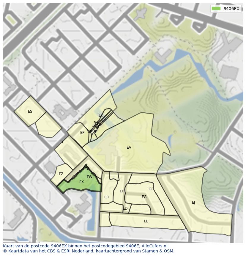 Afbeelding van het postcodegebied 9406 EX op de kaart.