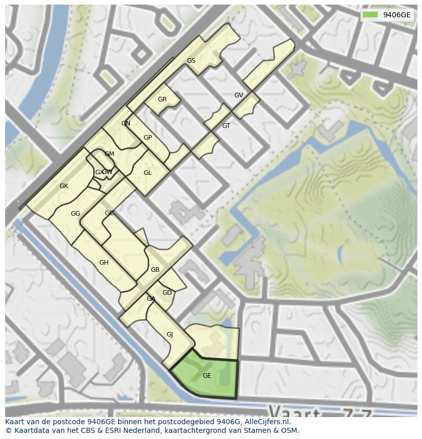 Afbeelding van het postcodegebied 9406 GE op de kaart.