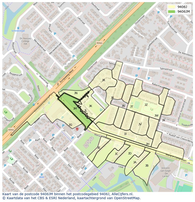 Afbeelding van het postcodegebied 9406 JM op de kaart.