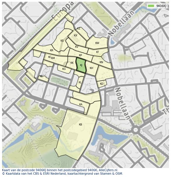 Afbeelding van het postcodegebied 9406 KJ op de kaart.