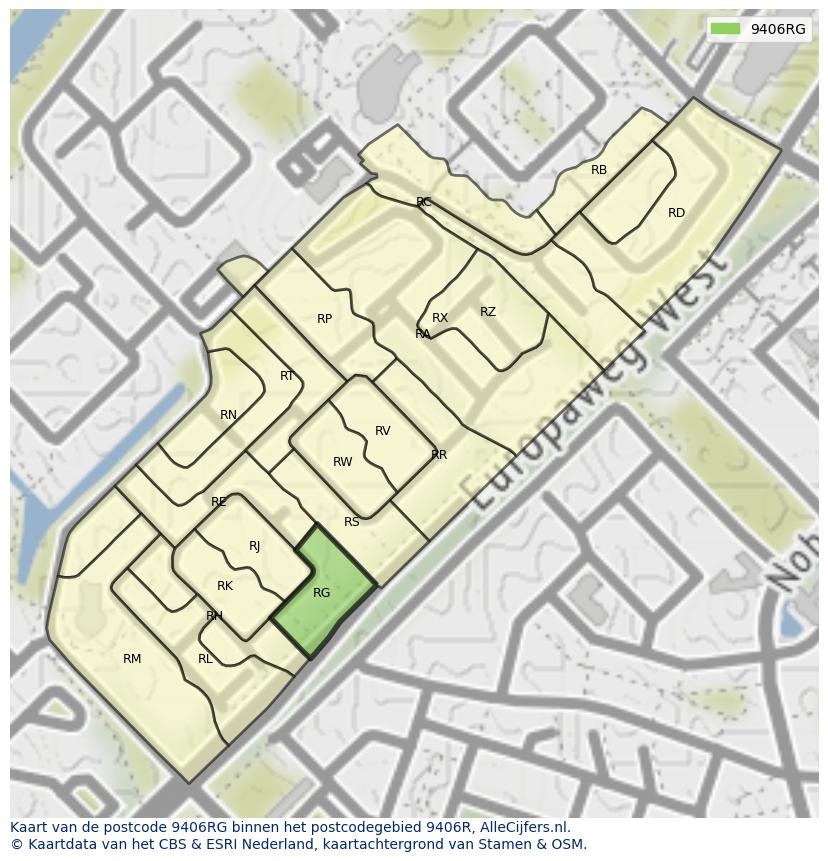 Afbeelding van het postcodegebied 9406 RG op de kaart.