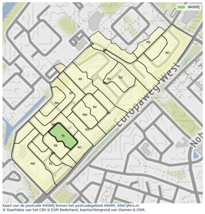 Afbeelding van het postcodegebied 9406 RJ op de kaart.
