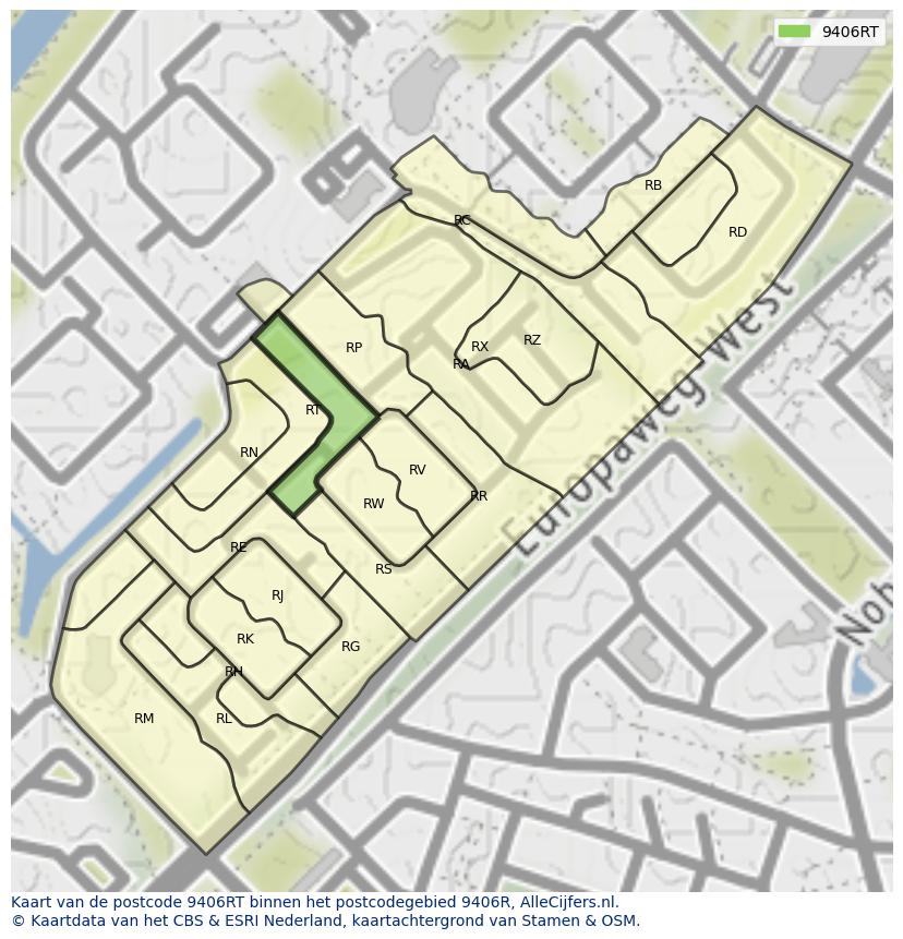 Afbeelding van het postcodegebied 9406 RT op de kaart.