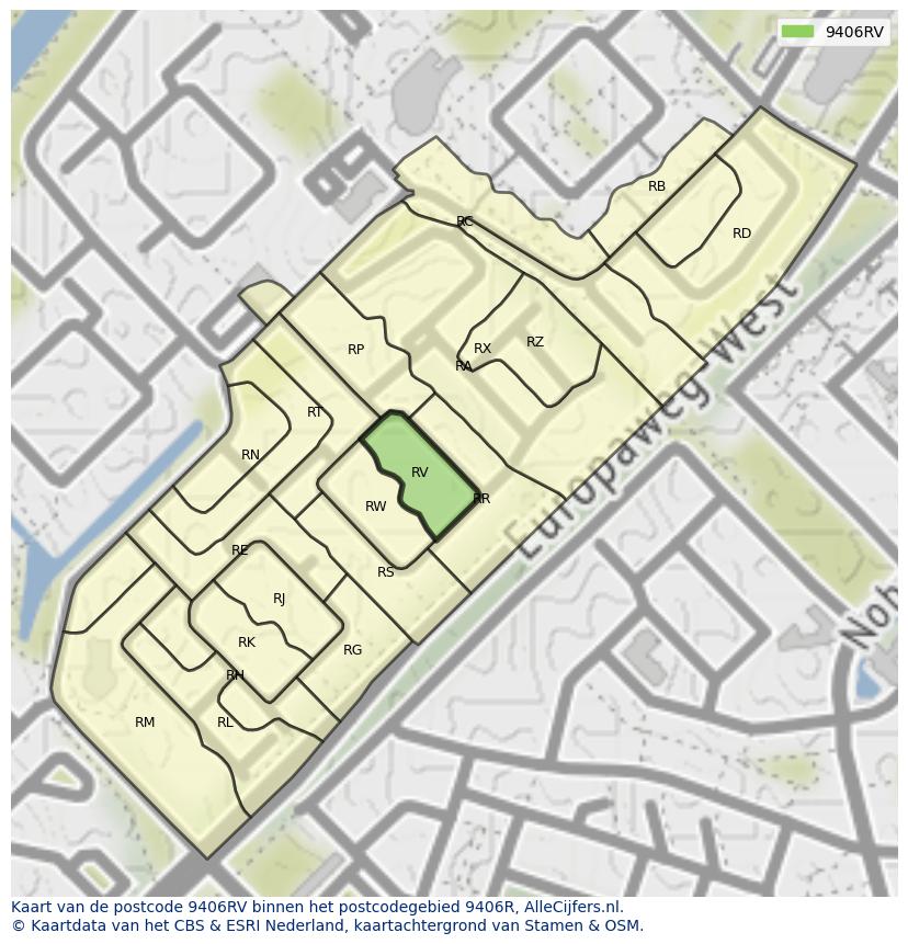 Afbeelding van het postcodegebied 9406 RV op de kaart.