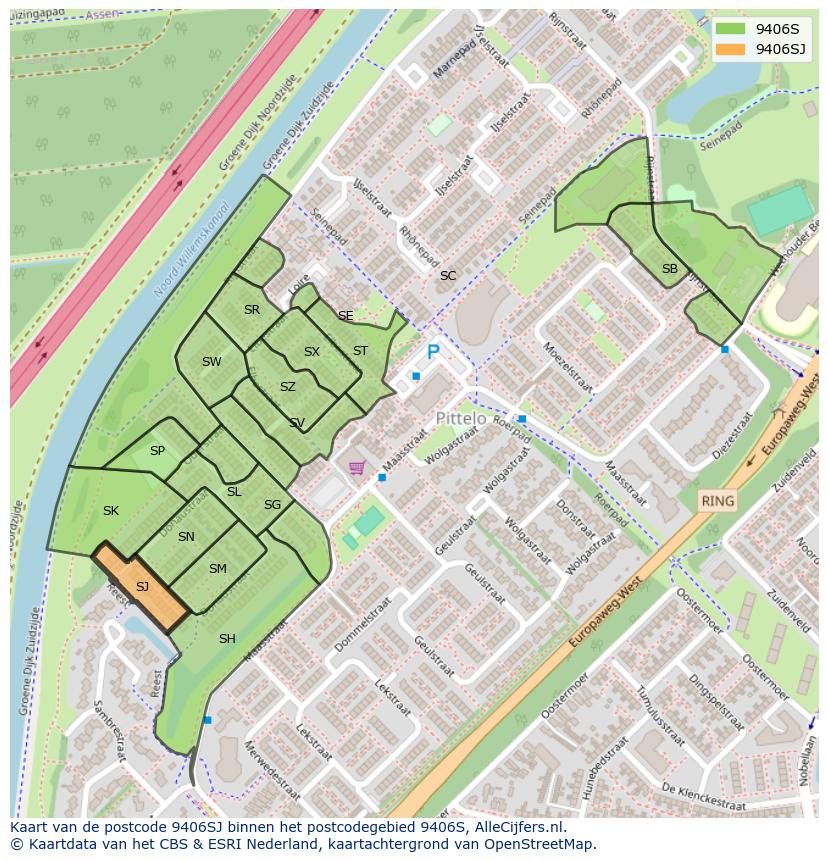 Afbeelding van het postcodegebied 9406 SJ op de kaart.