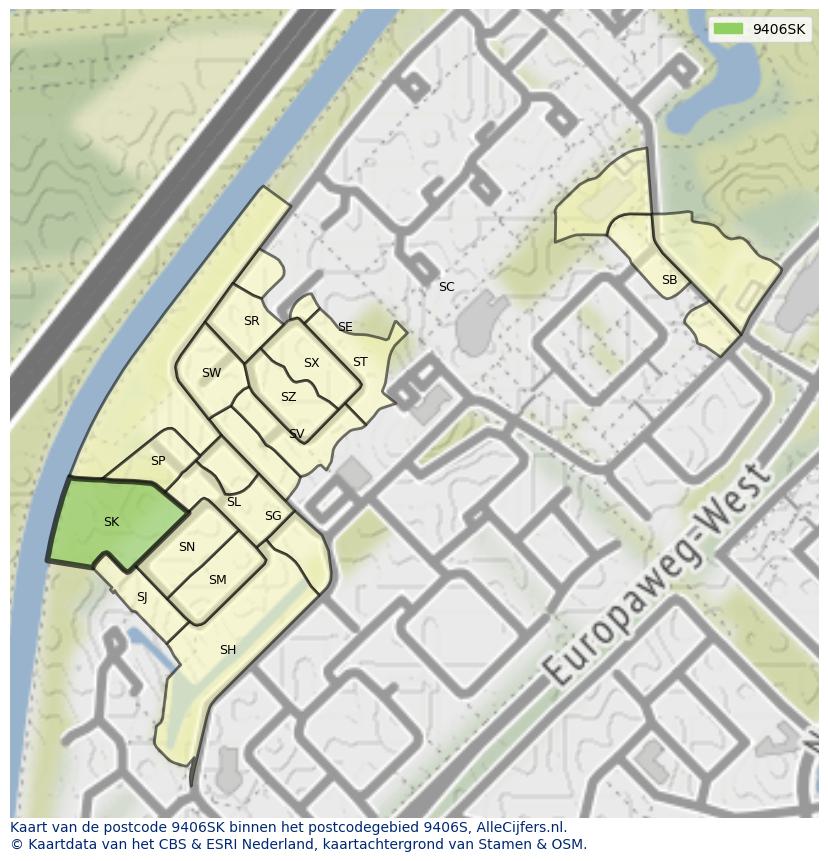 Afbeelding van het postcodegebied 9406 SK op de kaart.