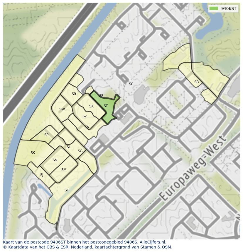 Afbeelding van het postcodegebied 9406 ST op de kaart.