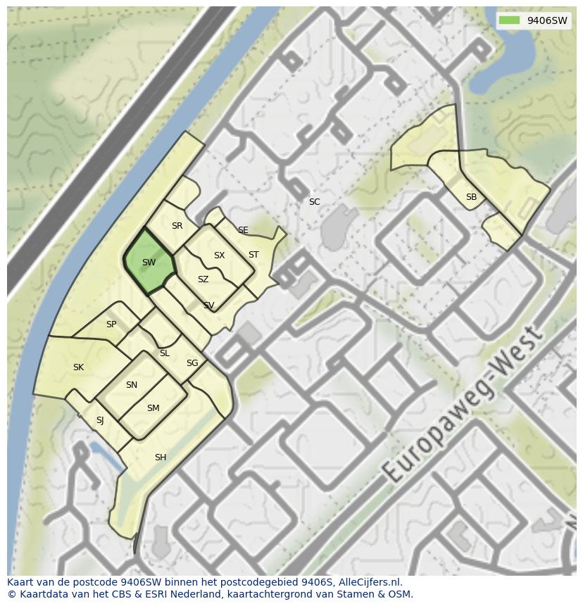 Afbeelding van het postcodegebied 9406 SW op de kaart.