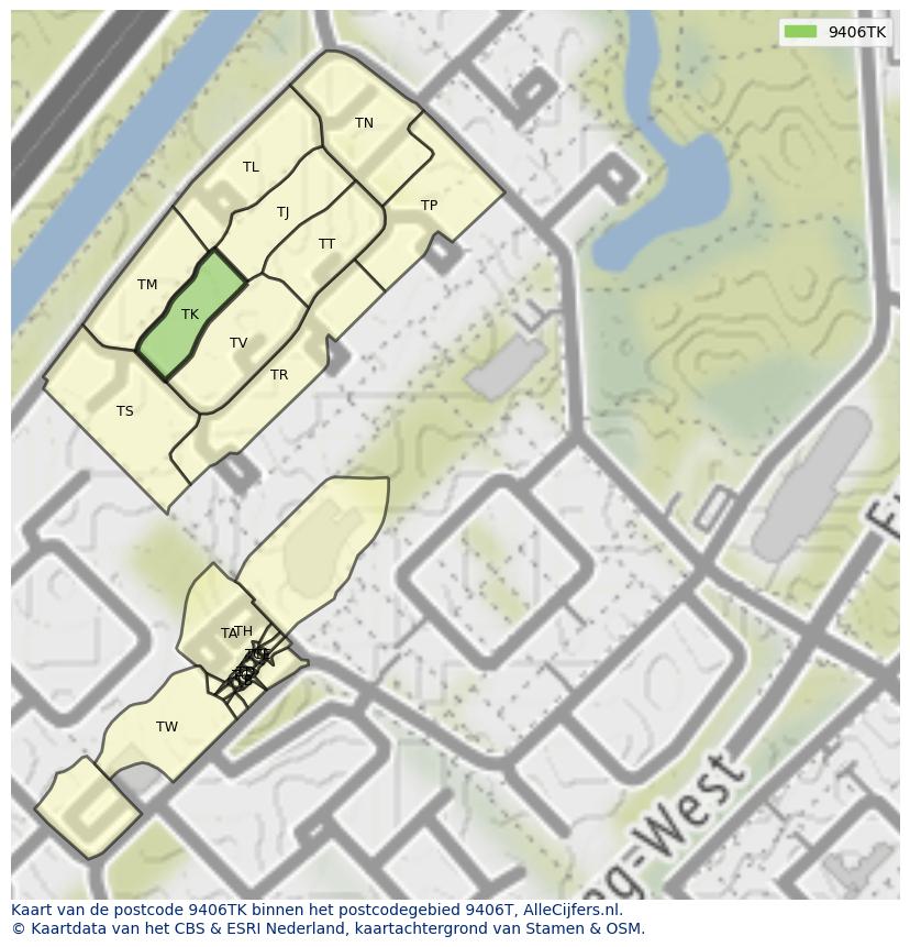 Afbeelding van het postcodegebied 9406 TK op de kaart.