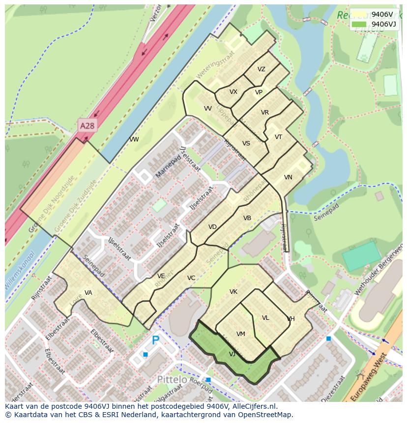 Afbeelding van het postcodegebied 9406 VJ op de kaart.