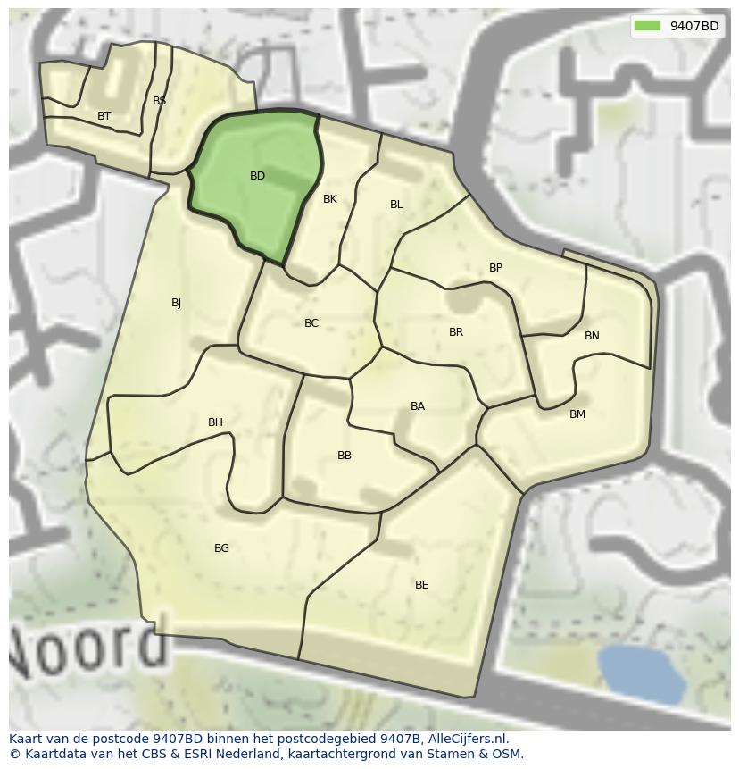 Afbeelding van het postcodegebied 9407 BD op de kaart.