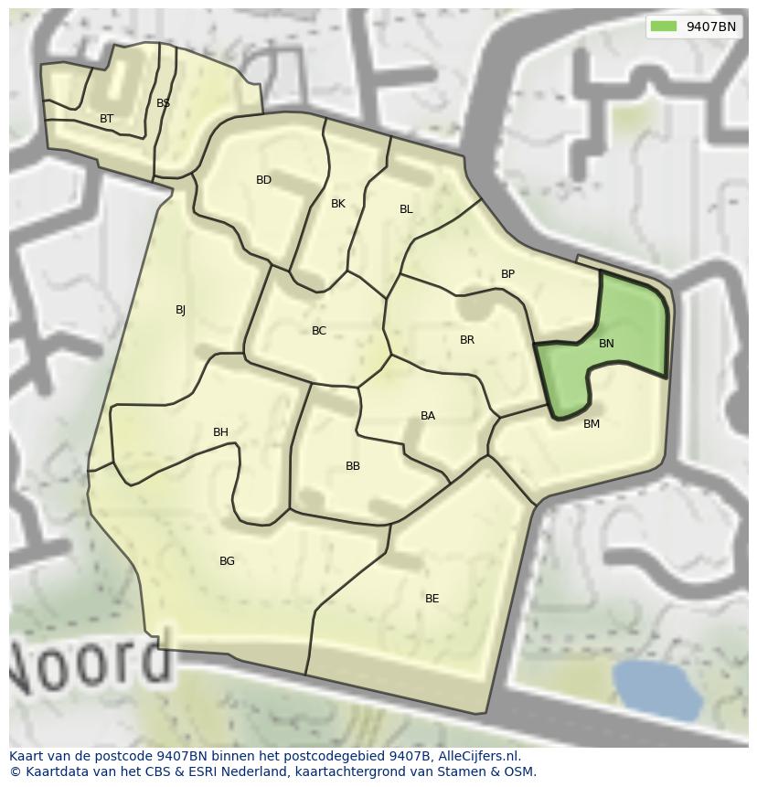 Afbeelding van het postcodegebied 9407 BN op de kaart.