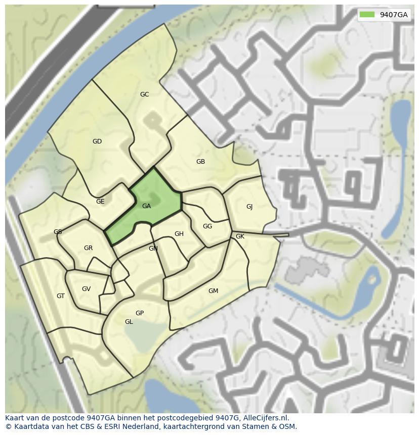Afbeelding van het postcodegebied 9407 GA op de kaart.