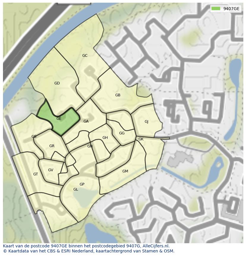 Afbeelding van het postcodegebied 9407 GE op de kaart.
