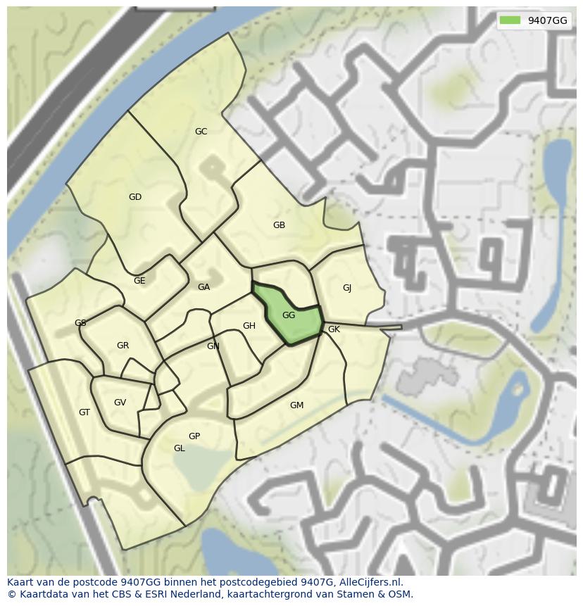 Afbeelding van het postcodegebied 9407 GG op de kaart.