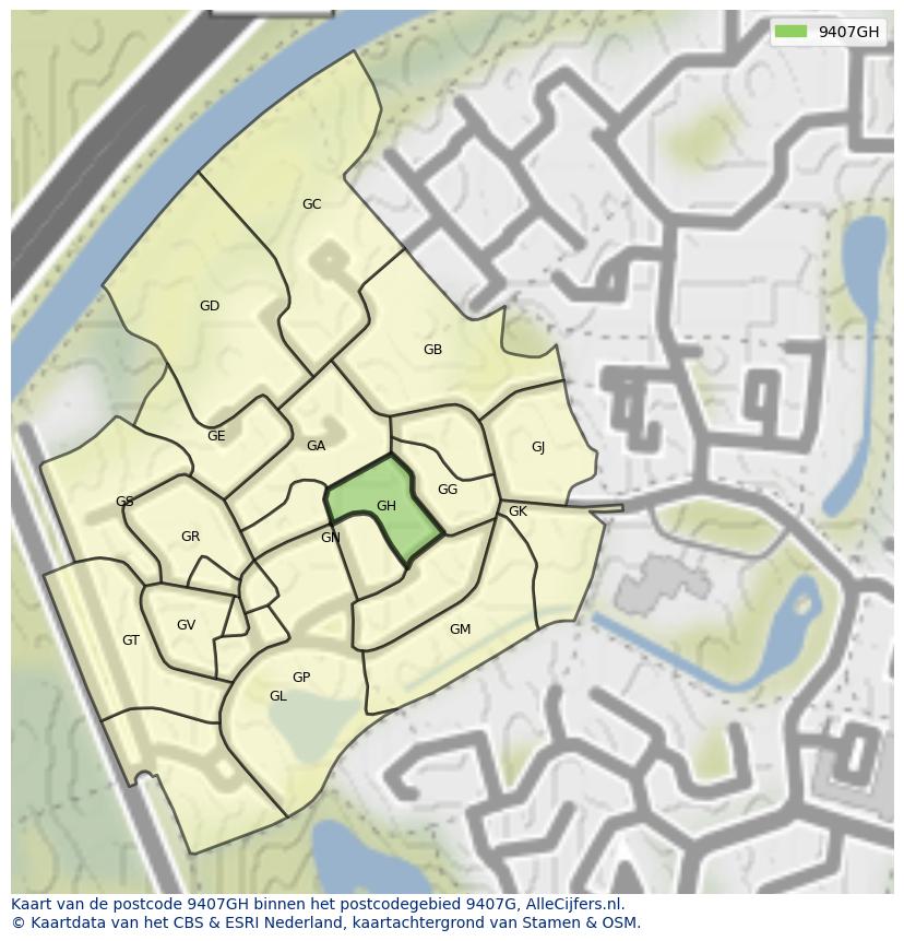 Afbeelding van het postcodegebied 9407 GH op de kaart.