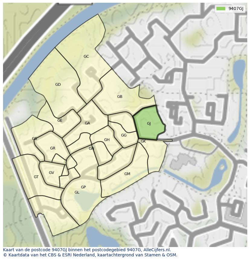 Afbeelding van het postcodegebied 9407 GJ op de kaart.