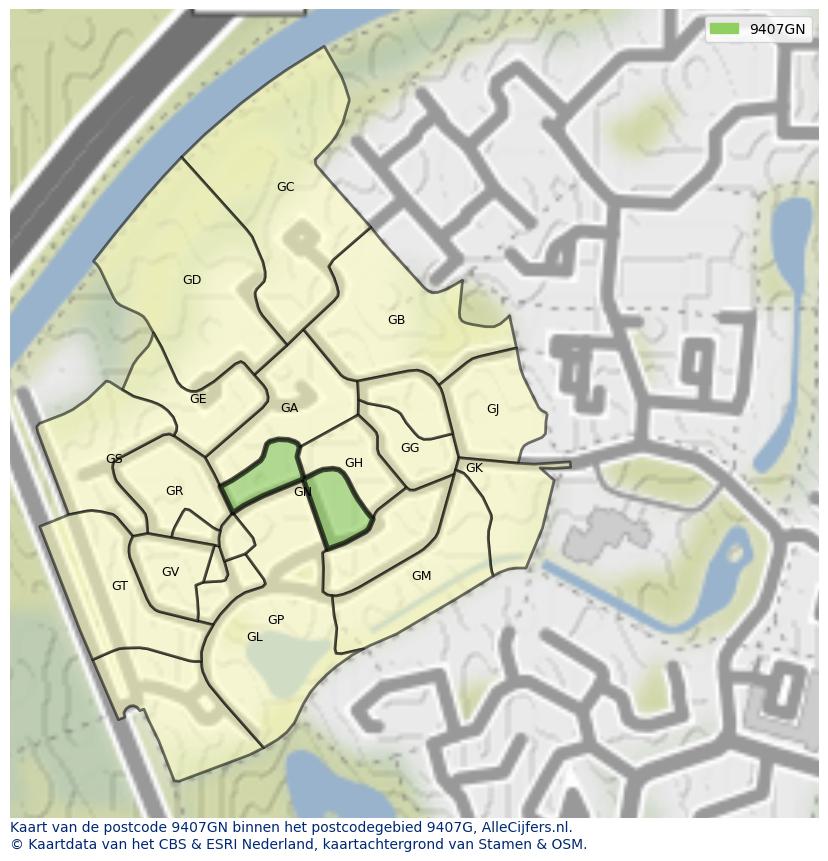 Afbeelding van het postcodegebied 9407 GN op de kaart.