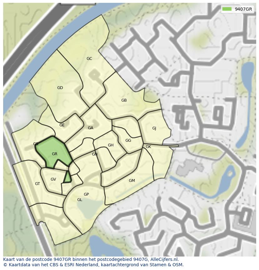 Afbeelding van het postcodegebied 9407 GR op de kaart.