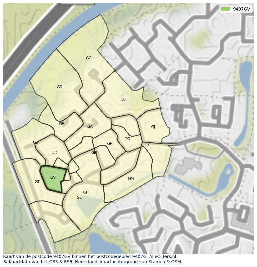 Afbeelding van het postcodegebied 9407 GV op de kaart.