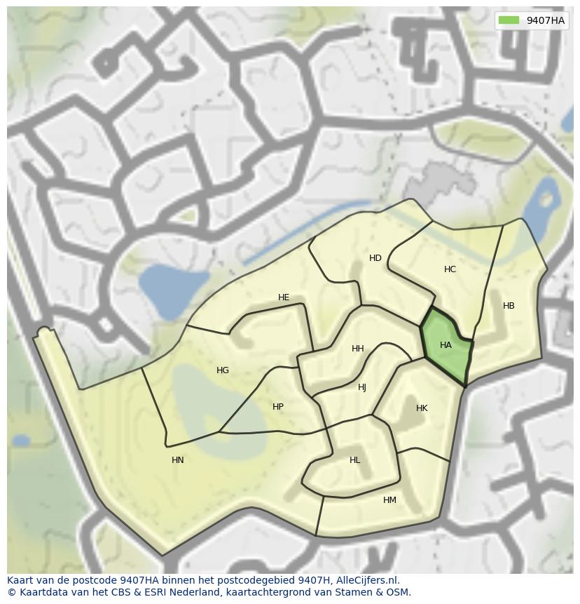 Afbeelding van het postcodegebied 9407 HA op de kaart.