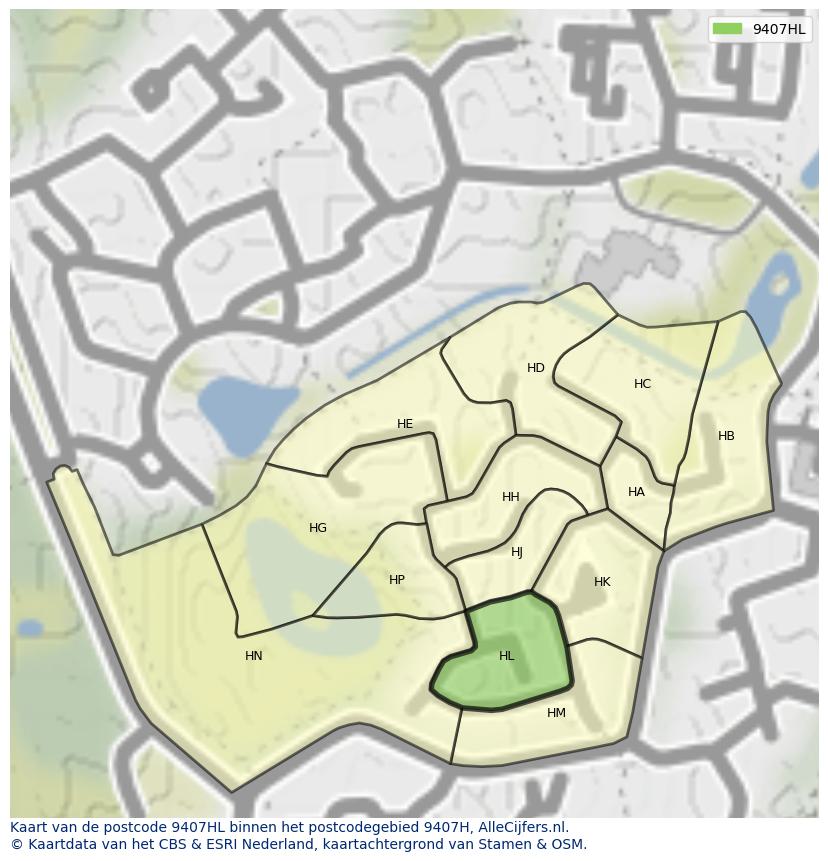 Afbeelding van het postcodegebied 9407 HL op de kaart.
