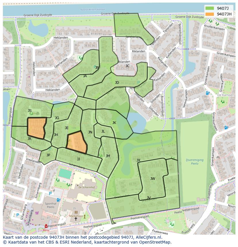 Afbeelding van het postcodegebied 9407 JH op de kaart.