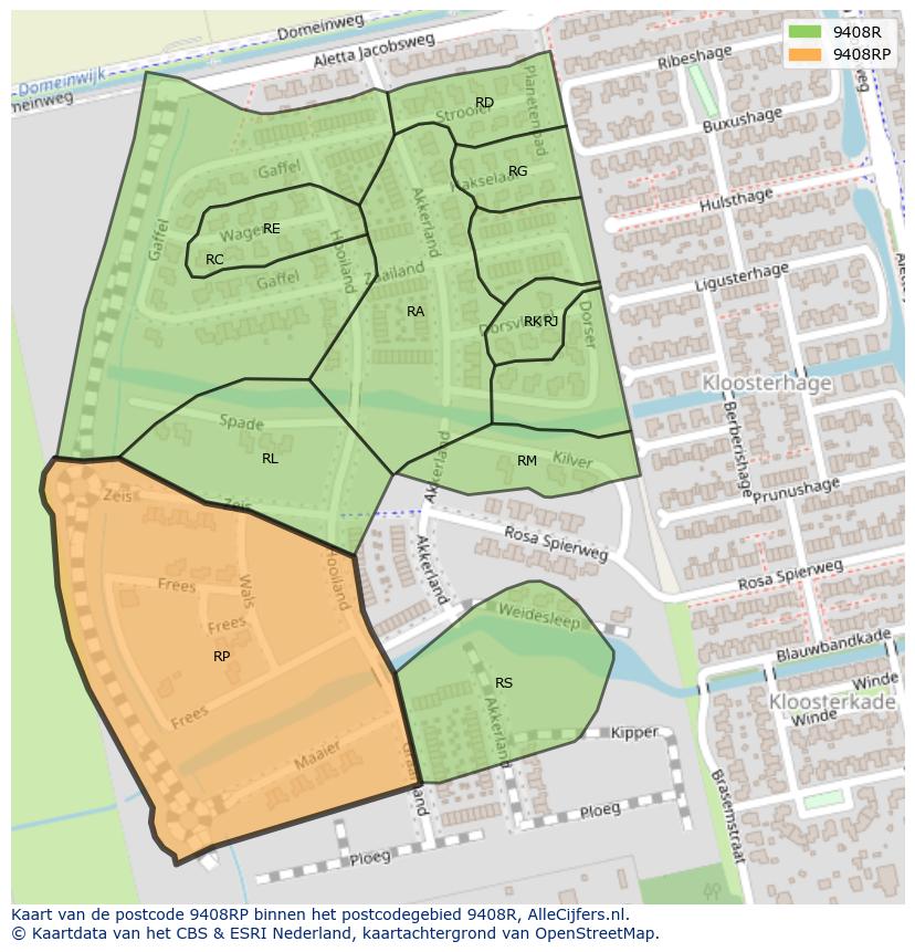 Afbeelding van het postcodegebied 9408 RP op de kaart.