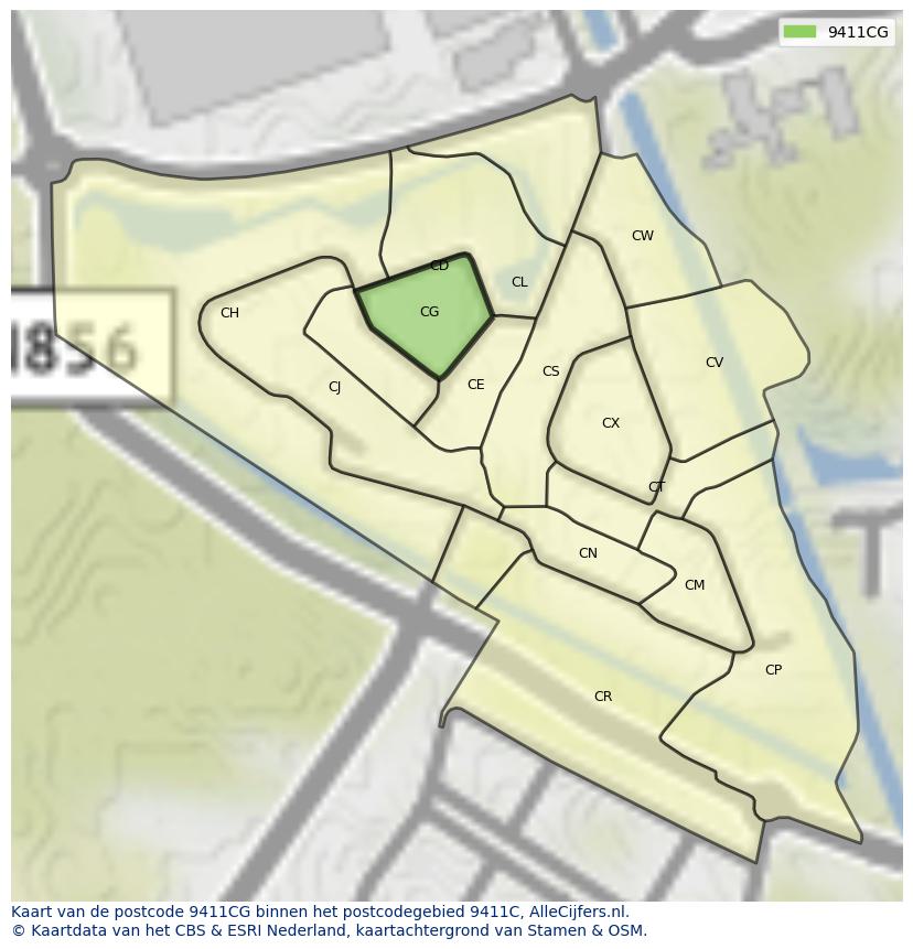 Afbeelding van het postcodegebied 9411 CG op de kaart.
