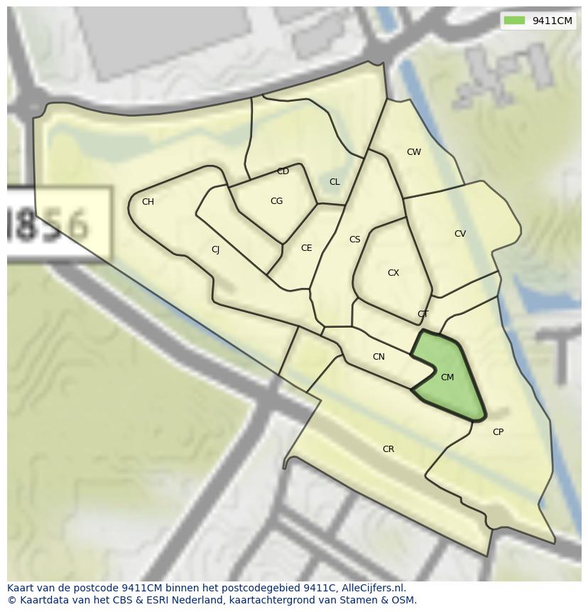 Afbeelding van het postcodegebied 9411 CM op de kaart.