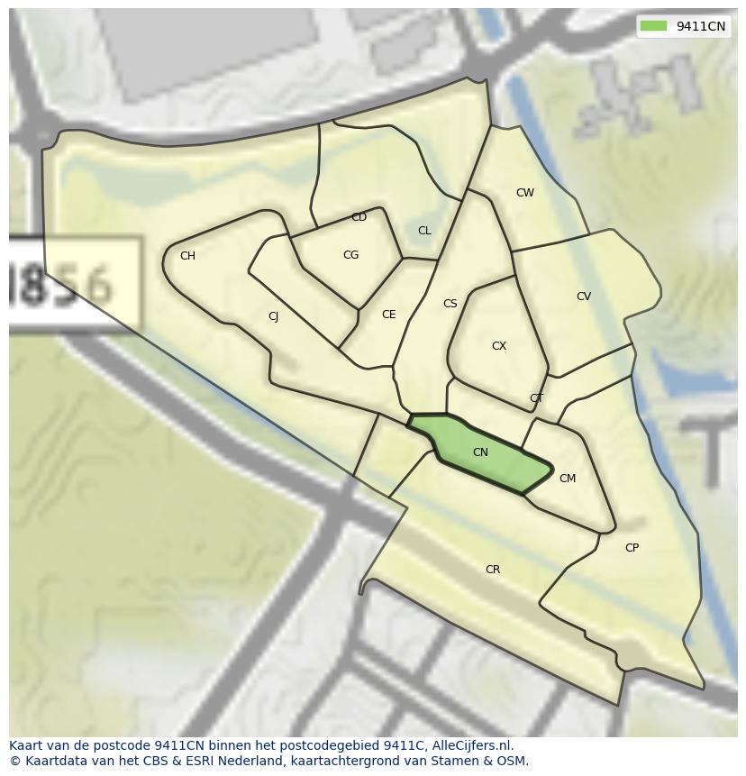 Afbeelding van het postcodegebied 9411 CN op de kaart.