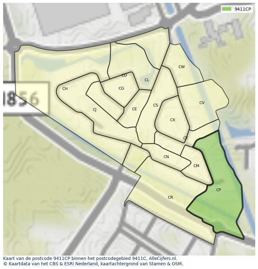 Afbeelding van het postcodegebied 9411 CP op de kaart.