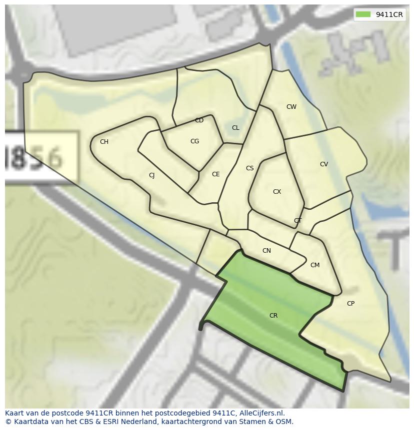 Afbeelding van het postcodegebied 9411 CR op de kaart.