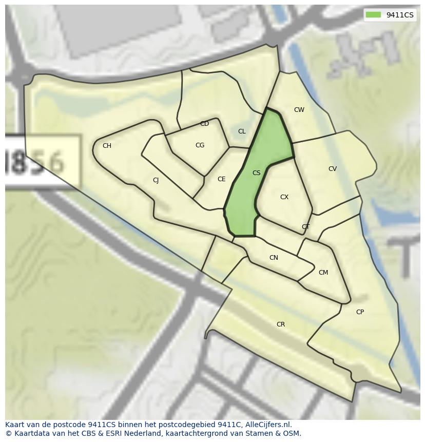 Afbeelding van het postcodegebied 9411 CS op de kaart.