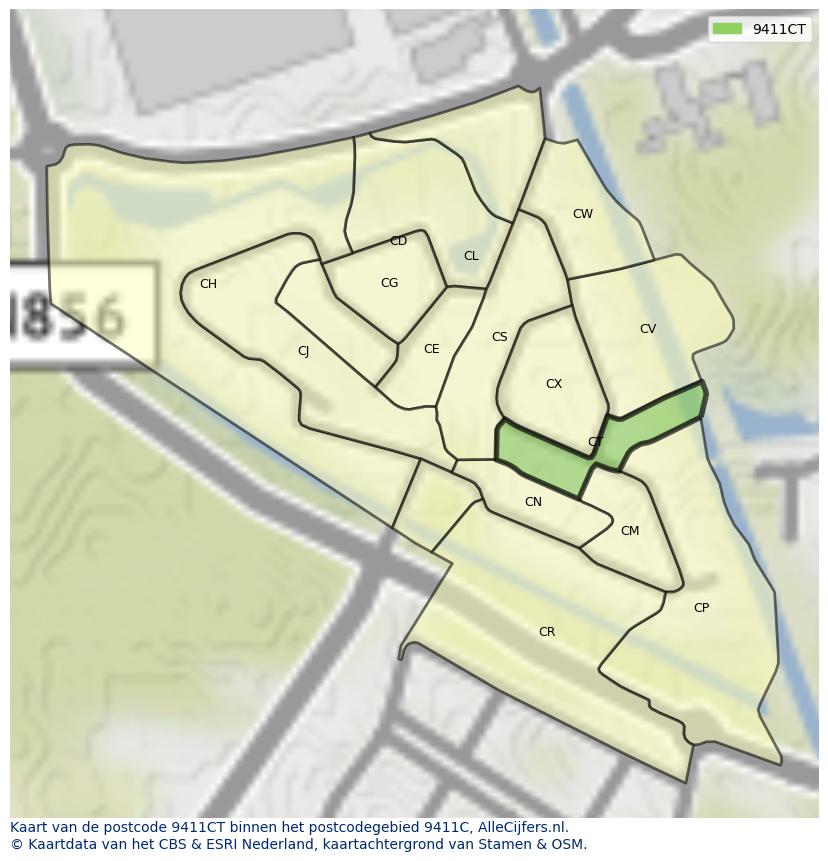 Afbeelding van het postcodegebied 9411 CT op de kaart.