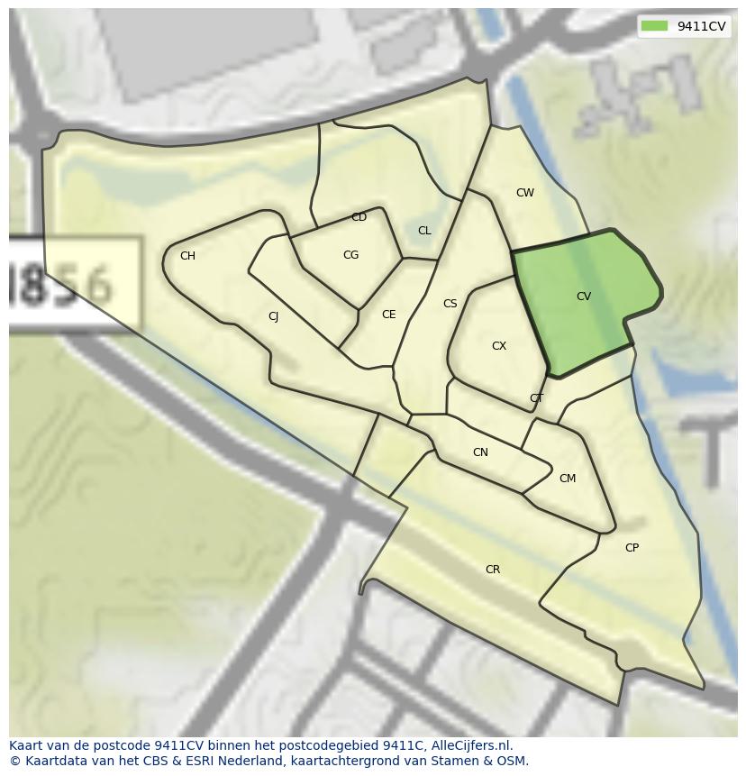Afbeelding van het postcodegebied 9411 CV op de kaart.