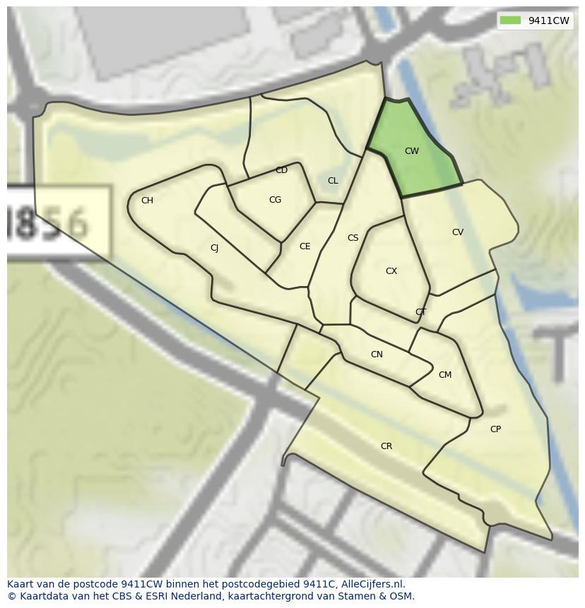 Afbeelding van het postcodegebied 9411 CW op de kaart.