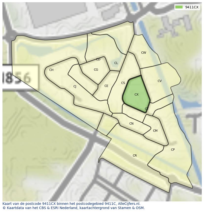 Afbeelding van het postcodegebied 9411 CX op de kaart.