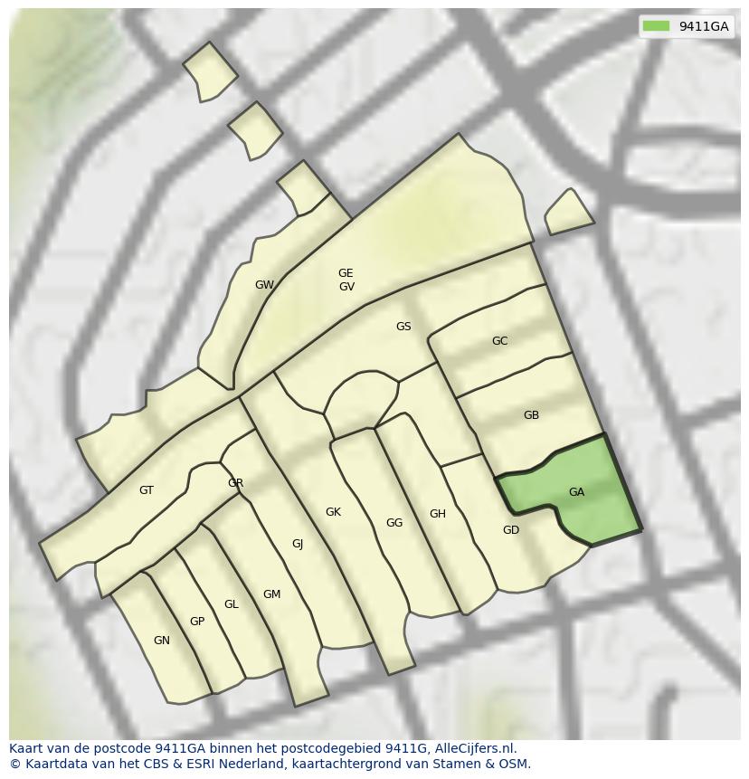 Afbeelding van het postcodegebied 9411 GA op de kaart.