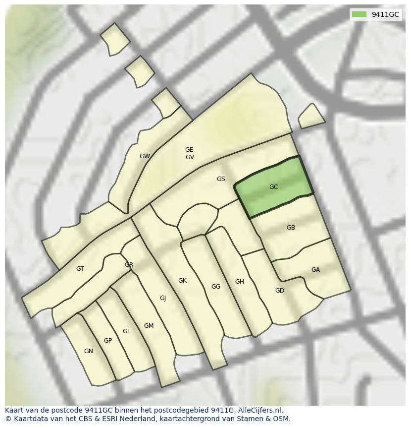 Afbeelding van het postcodegebied 9411 GC op de kaart.