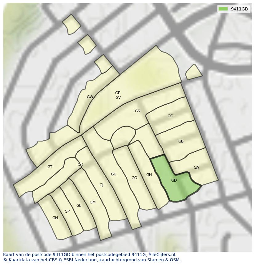 Afbeelding van het postcodegebied 9411 GD op de kaart.
