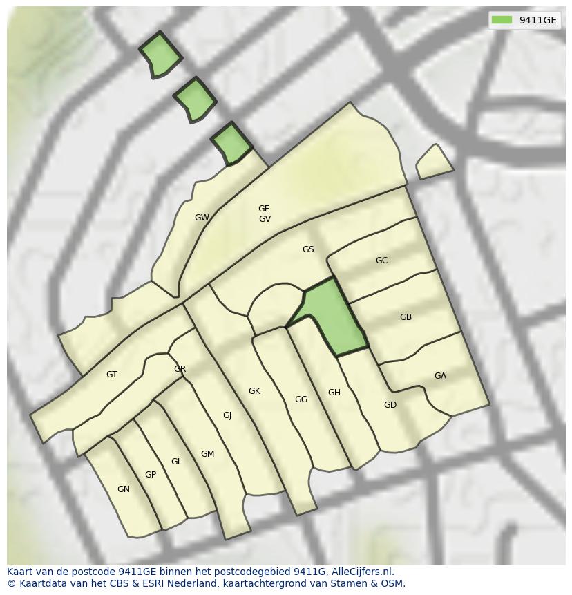 Afbeelding van het postcodegebied 9411 GE op de kaart.