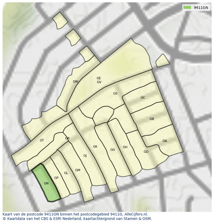 Afbeelding van het postcodegebied 9411 GN op de kaart.