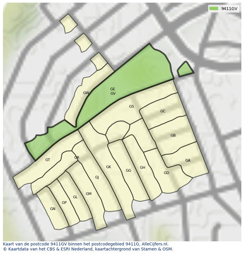 Afbeelding van het postcodegebied 9411 GV op de kaart.