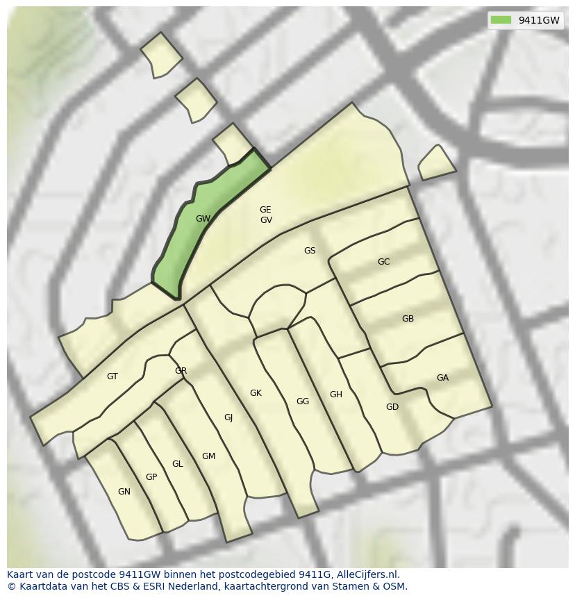 Afbeelding van het postcodegebied 9411 GW op de kaart.