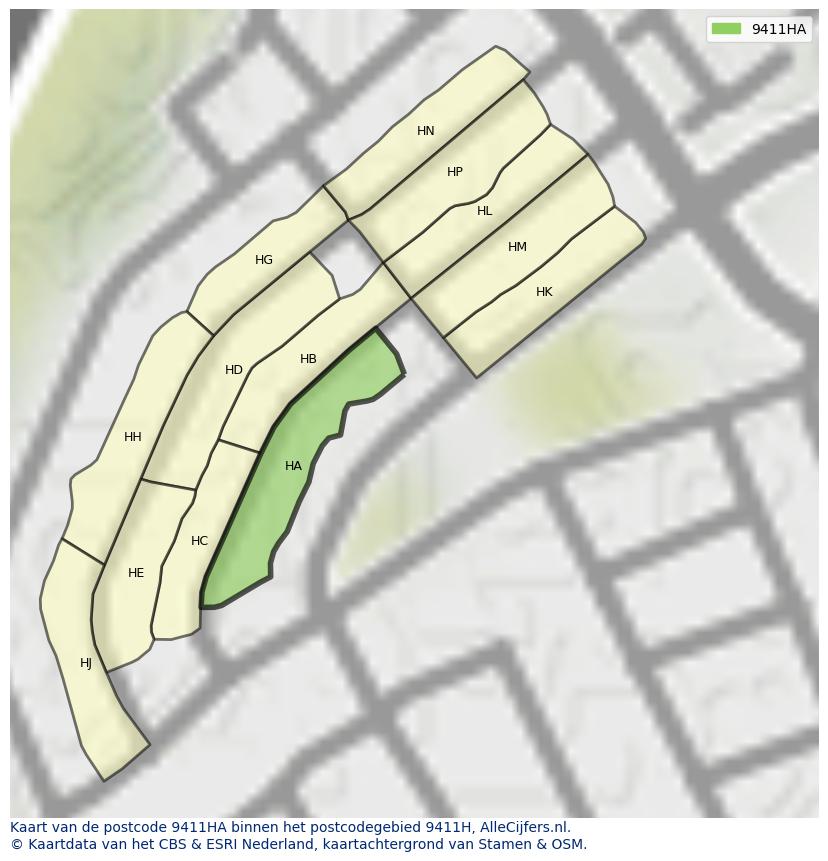 Afbeelding van het postcodegebied 9411 HA op de kaart.